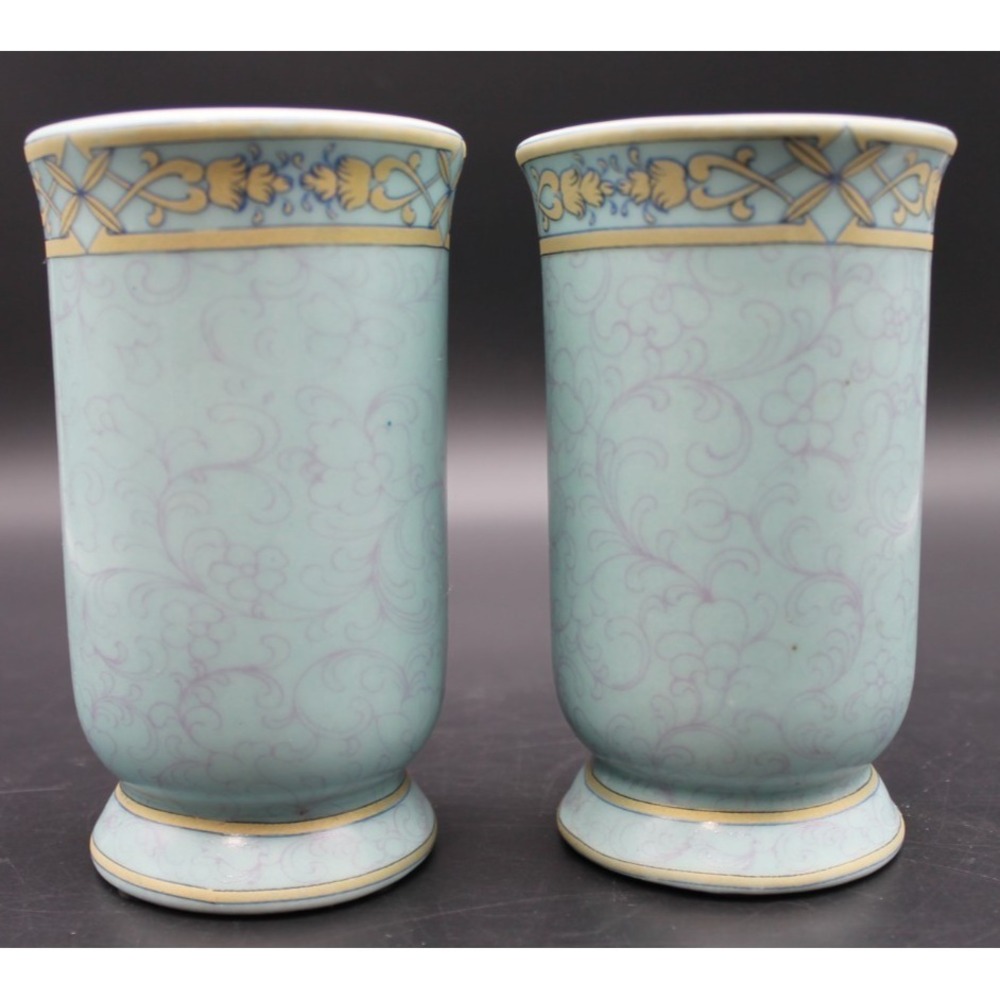 Amita Porcelain Vases Set of 2 Blue Gold Floral Pedestal Bud Vases Vintage